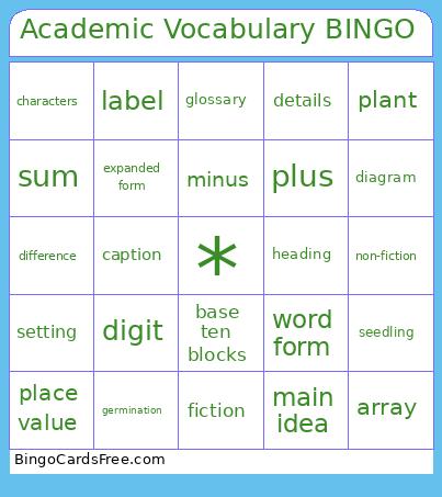 2nd Grade Academic Vocabulary Bingo Card