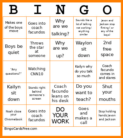 2nd Period History Bingo Card