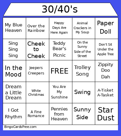 30/40's Bingo Card