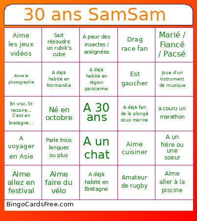 30 Ans SamSam Bingo Card