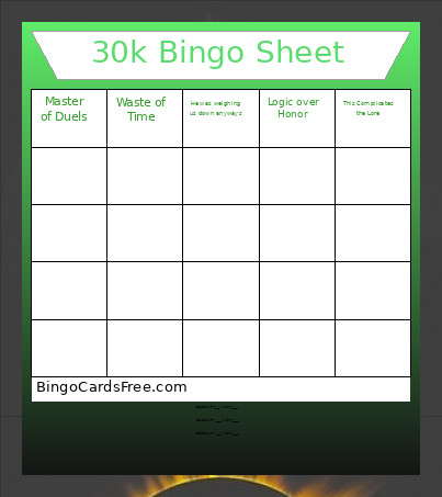 30k Tournament Sheets Bingo Card