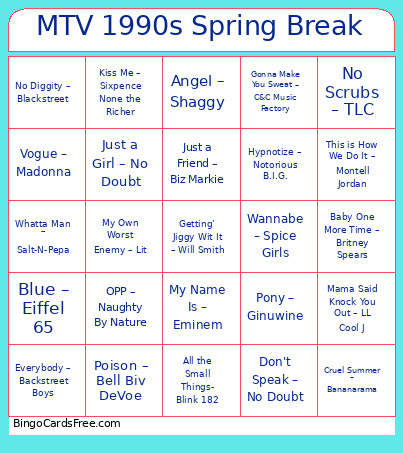 36. MTV 1990s Spring Break Bingo Card