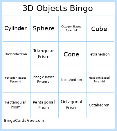 3D Objects Bingo Card