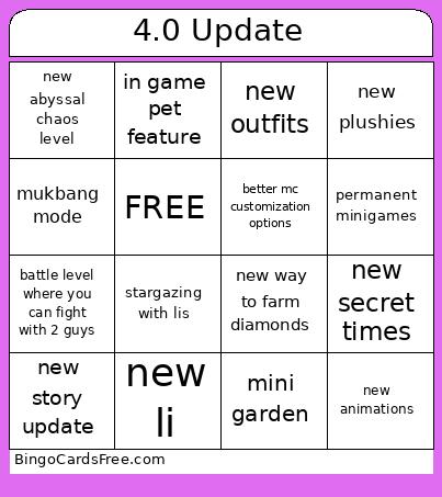 4.0 Update Bingo