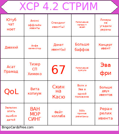 ХСР 4.2 СТРИМ Bingo Card