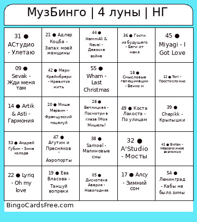 МузБинго | 4 луны | НГ Bingo Card