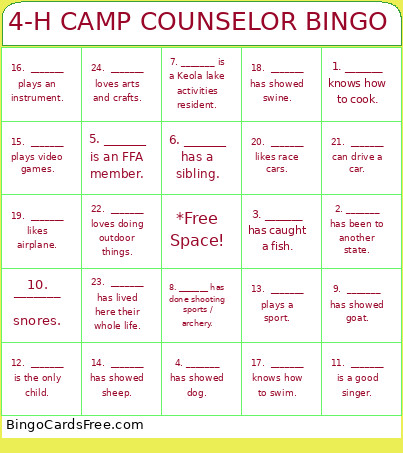 4-H CAMP COUNSELOR Bingo Card