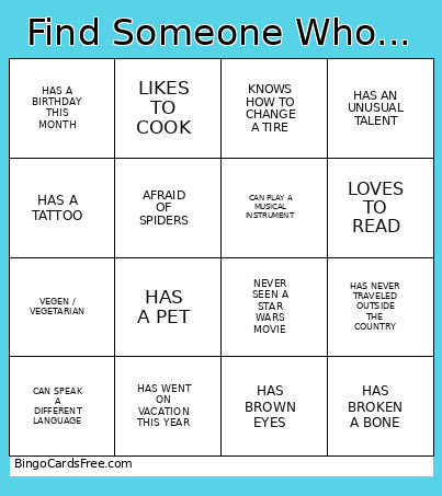 4 X 4 Orientation Bingo Card