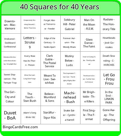 40th Birthday Bingo Cards Free Pdf Printable Game, Title: 40 Squares for 40 Years