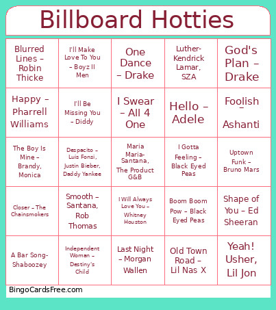 47. Billboard Hotties Bingo Card