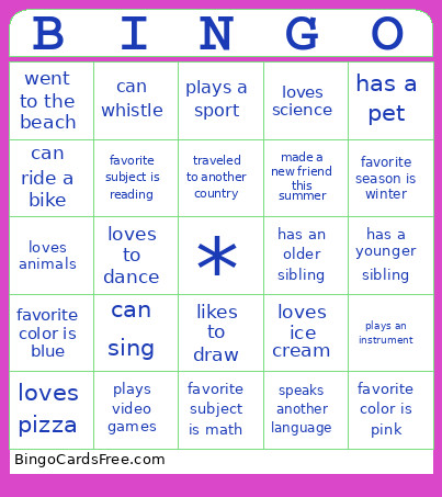 4th Grade Bingo Card