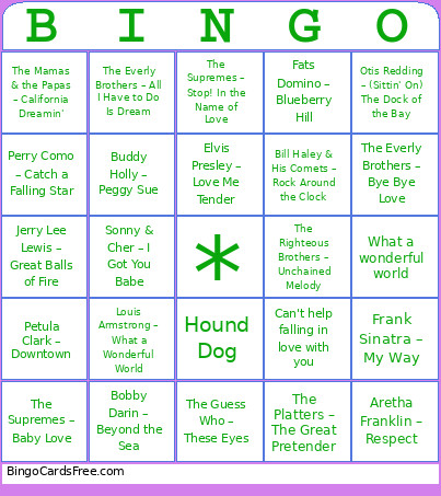 50 And 60s Music Bingo Card