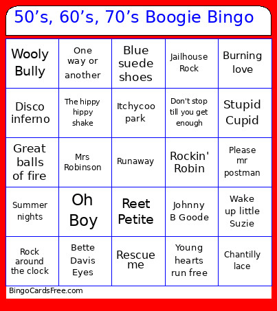50’s, 60’s, 70’s Boogie Bingo Card