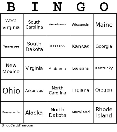 50 STATES Bingo Card 2