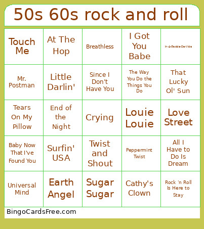 50s 60s Rock And Roll Bingo Card