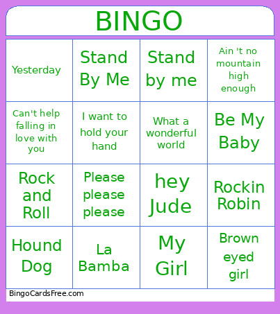 50s And 60s Music Bingo Card