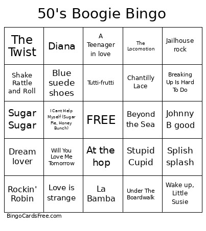 50's Boogie Bingo Card