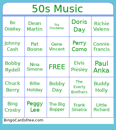 50s Music Bingo Card