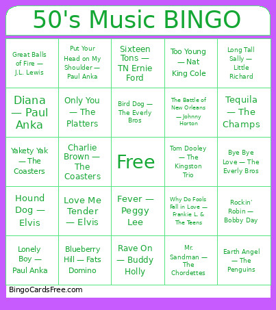 50's Music Bingo Card