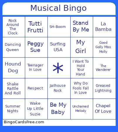 50's Musical Bingo Card