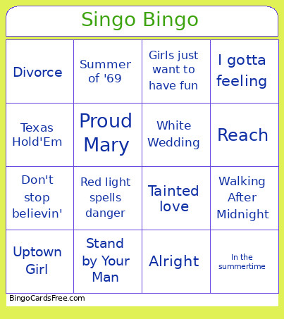50's Oldies Bingo Card