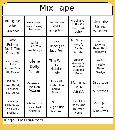 50s Songs Bingo Card