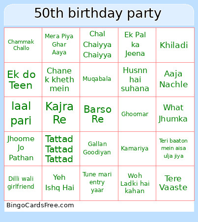 50th Birthday Party Bingo Card