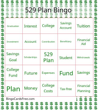 529 Plan Bingo Cards Free Pdf Printable Game, Title: 529 Plan Bingo