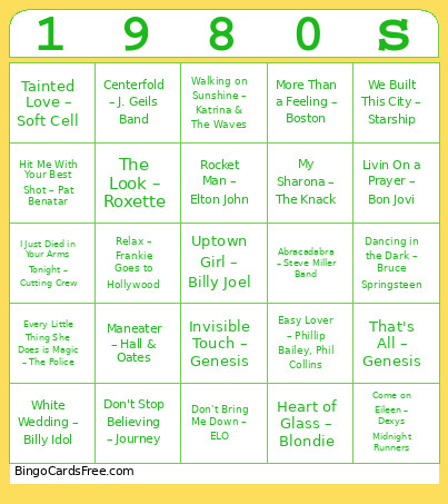 55. 1980s Bingo Card
