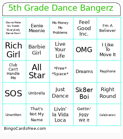 5th Grade Dance Bangerz Bingo Card