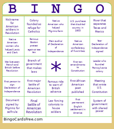 5th Grade History Quiz Bingo Card