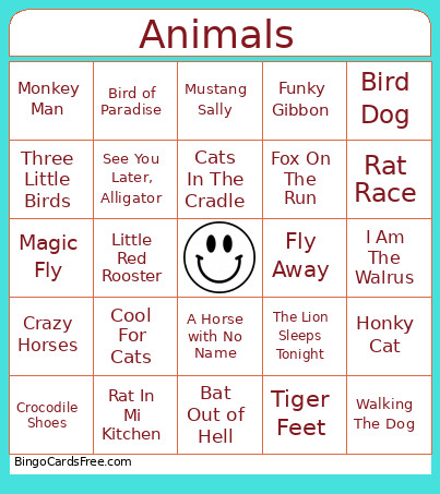 5x5 Animals 50 Songs Bingo Card