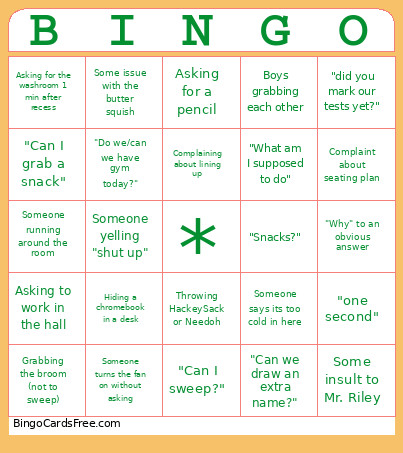 6/7 Classroom Shenanigans Bingo Card