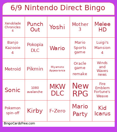 6/9 Nintendo Direct Bingo Card