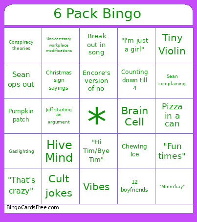 6 Pack Bingo Card