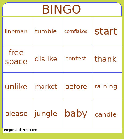 6 Syllables Bingo Card