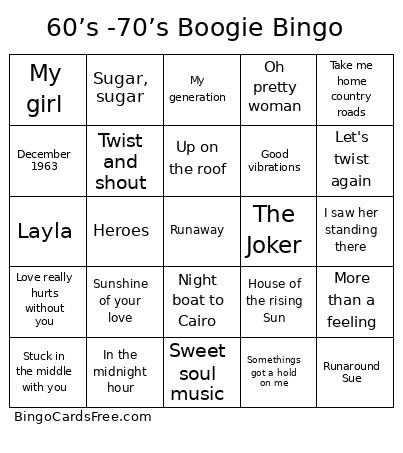 60’s -70’s Boogie Bingo Card