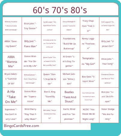 60's 70's 80's Bingo