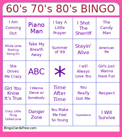 60's 70's 80's Bingo Card