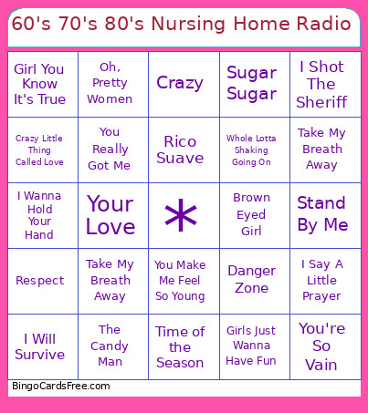 60's 70's 80's Nursing Home Radio Bingo Card