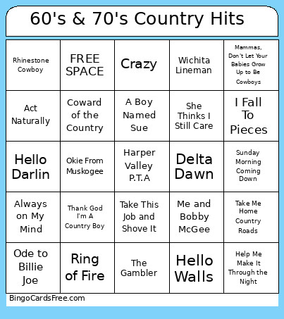 60's & 70's Country Hits Bingo Card
