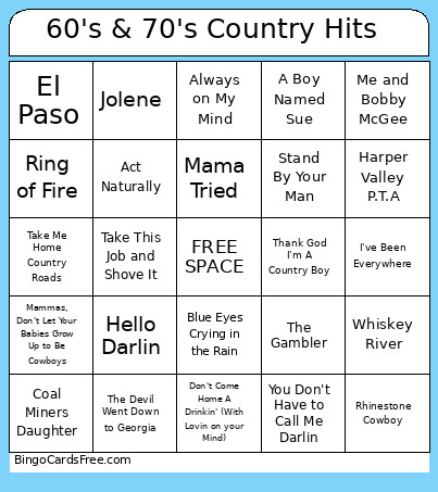 60's & 70's Country Hits Bingo Card