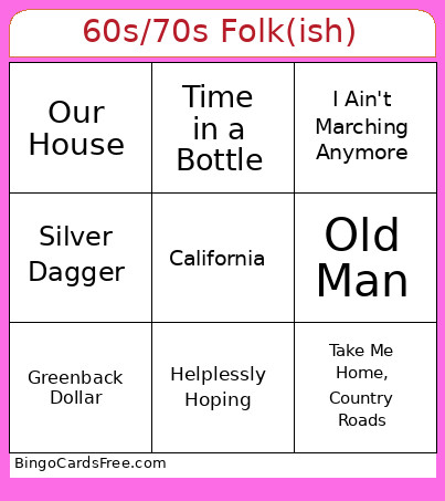 60s/70s Folk(ish) Bingo Card
