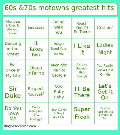 60s &70s Motowns Greatest Hits Bingo Card
