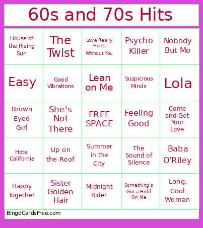 60s And 70s Hits Bingo Card