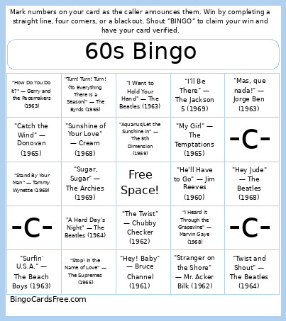 60s Bingo Card
