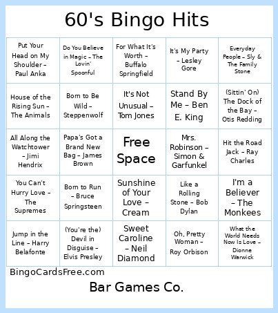 60's Hits Bingo Card