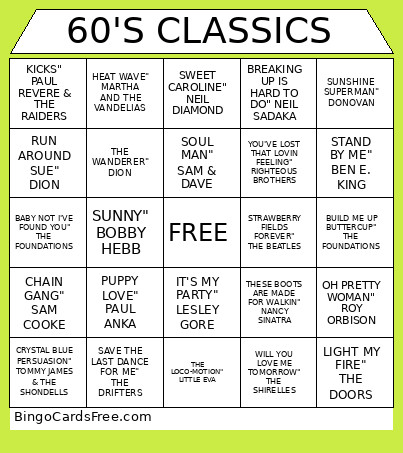 60'S CLASSICS Bingo Card