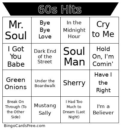 60s Hits Bingo Card