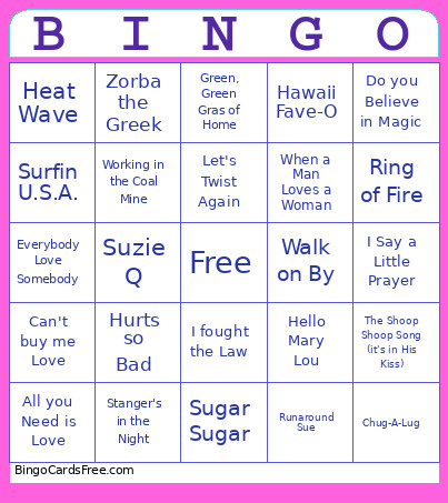 60's HIts Bingo Card
